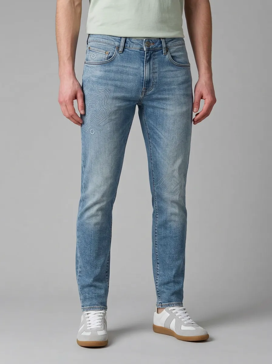 Men's Light Wash Topographic Map Pattern Stretch Jeans