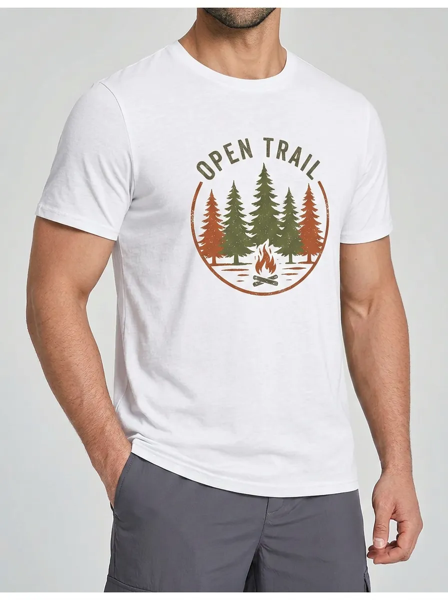 Men's Outdoor Camping Lover Open Trail Pine Forest Campfire Printed T-shirt