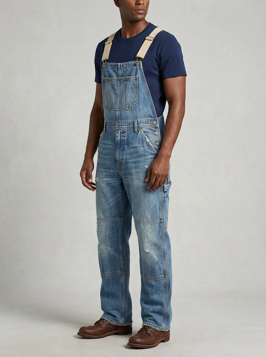 Men's Vintage Style Distressed Denim Overalls