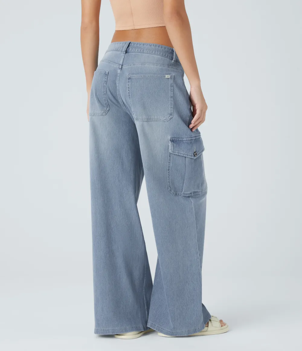 Magic Low Rise Multiple Pockets Stretchy Knit Casual Wide Leg Cargo Jeans