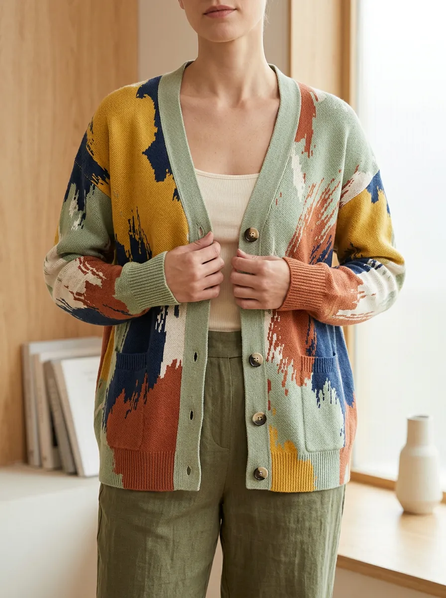 Women's Abstract Art Pattern Multi-color Printed V-Neck Relaxed Layering Cardigan