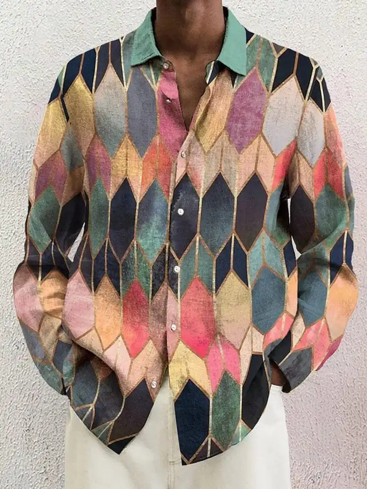 Open Collar Cotton Linen Printed Shirt