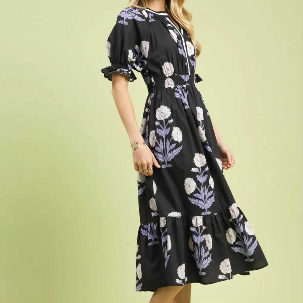 Floral Striped Smocked Tiered Dress