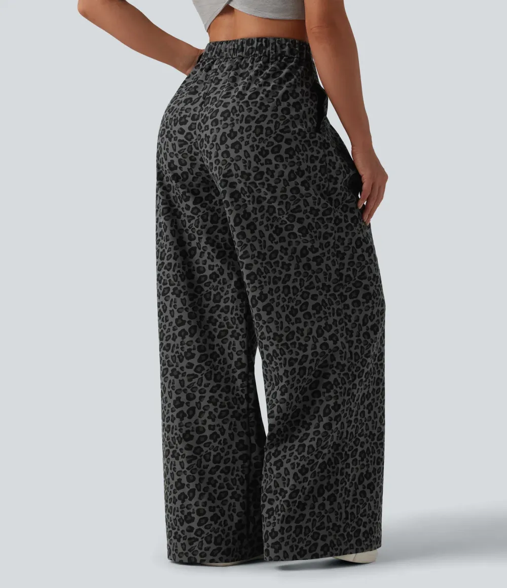 Pantalon large décontracté imprimé léopard taille mi-haute avec poches
