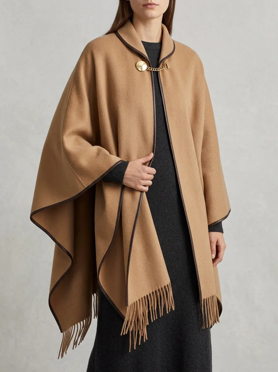 Fringed Clasp-Front Knit Women's Cape Poncho