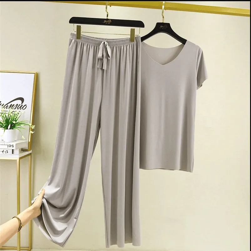 (💥48 % OFF)Soft Comfortable Ice Silk Short Sleeve T-Shirt Two Piece Set Loose Wide-leg Pants