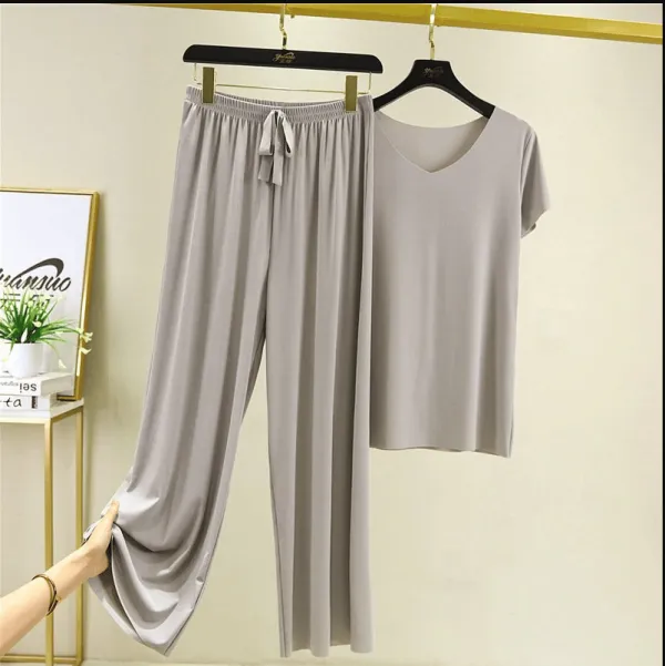 (💥48 % OFF)Soft Comfortable Ice Silk Short Sleeve T-Shirt Two Piece Set Loose Wide-leg Pants