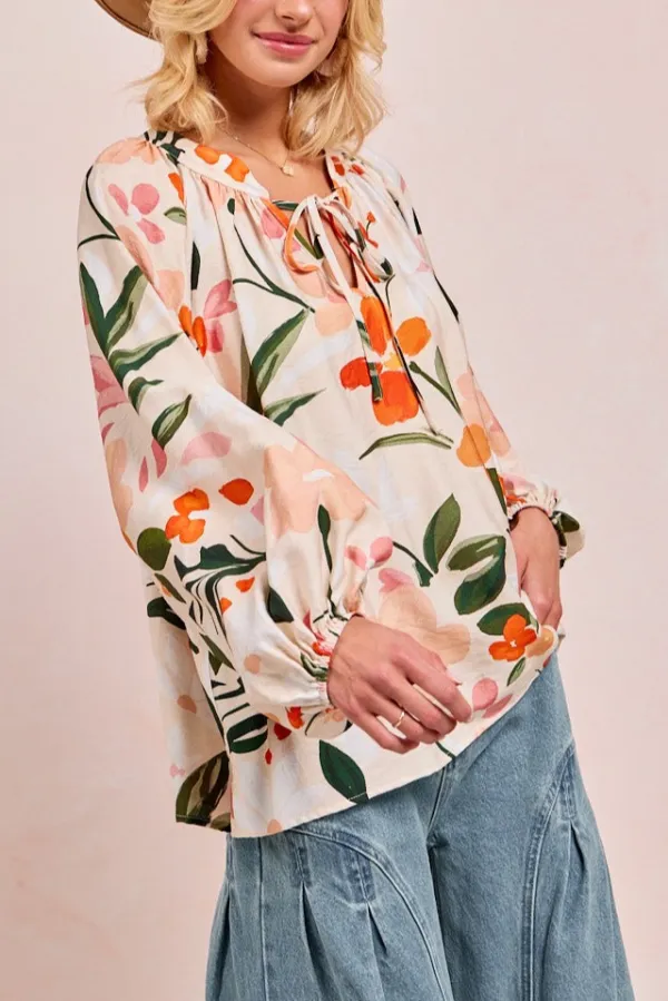 Floral Printed Balloon Sleeve Top
