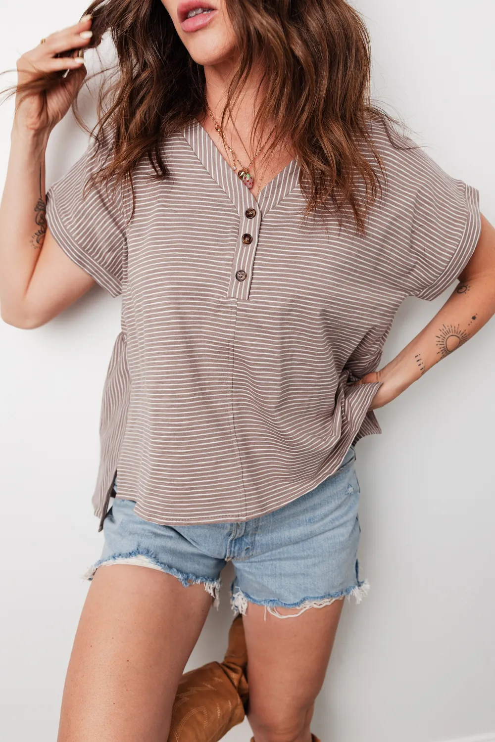 Khaki Stripe Buttoned V Neck Tee