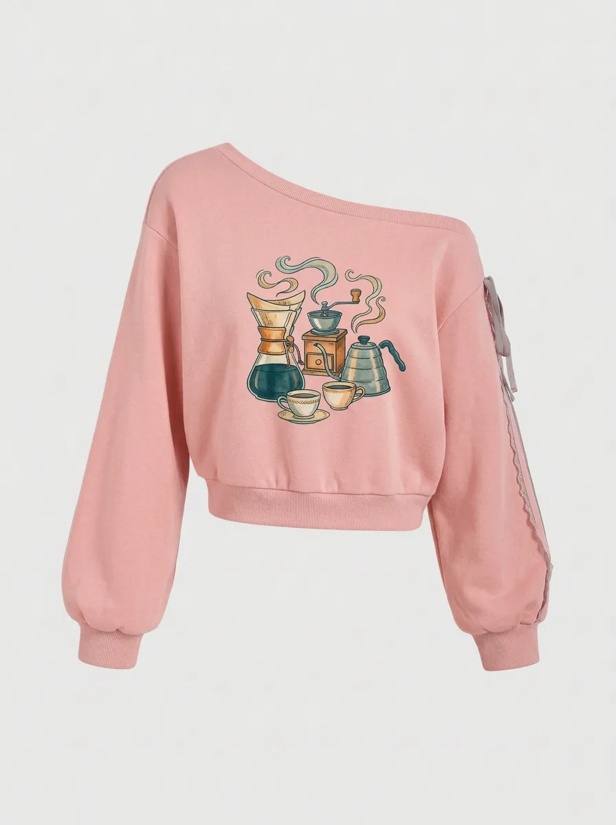 Women's Coffee Pour Over Kettle Graphic Off-Shoulder Sweatshirt