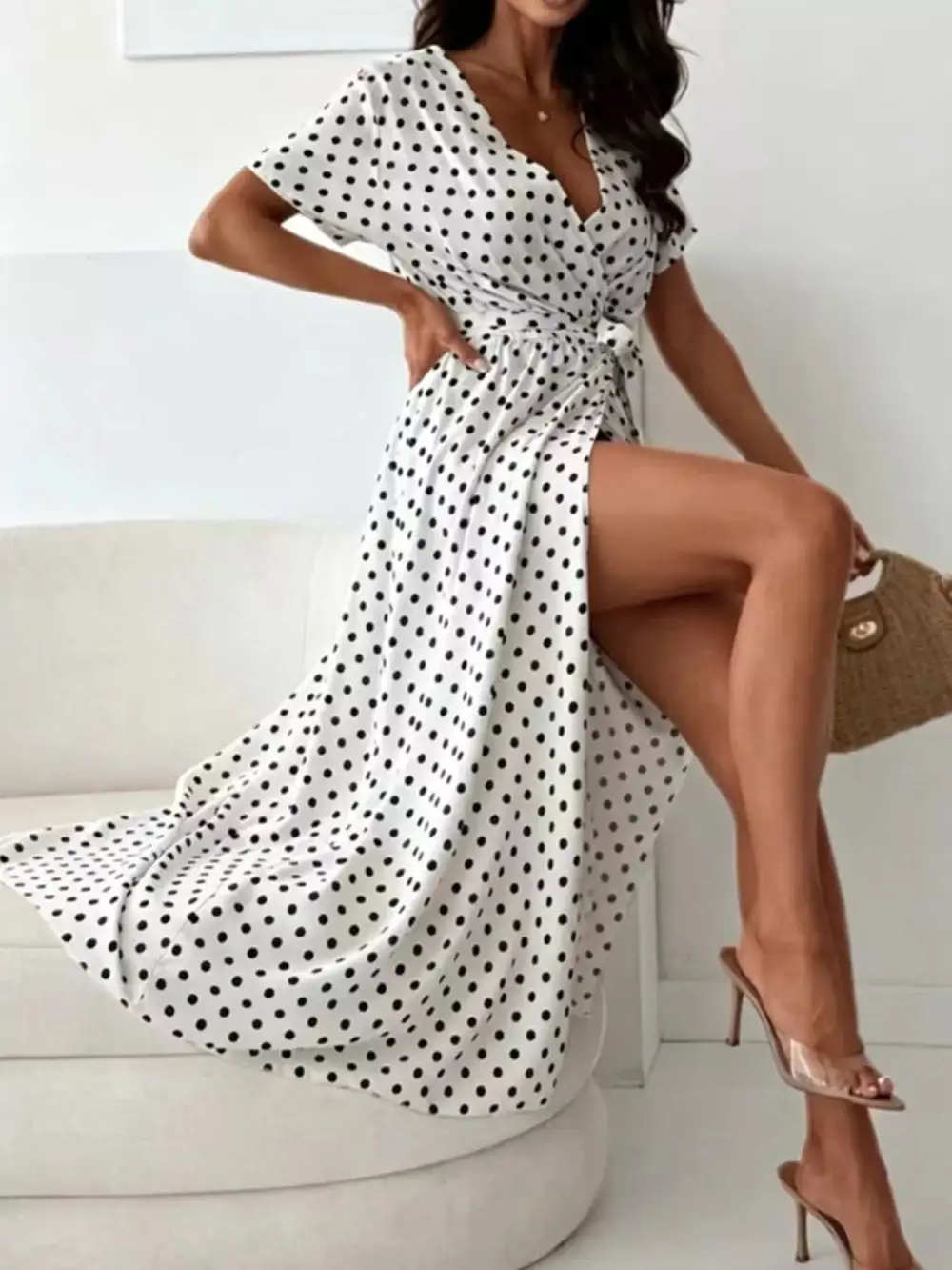Polka Dot Surplice Maxi Dress With Slit