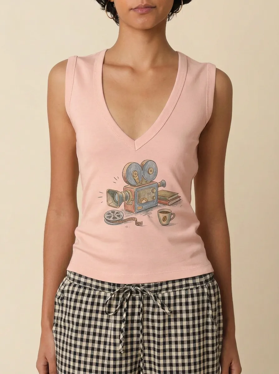 Women's Movie Lover Vintage Camera Film Coffee Graphic Tank Top