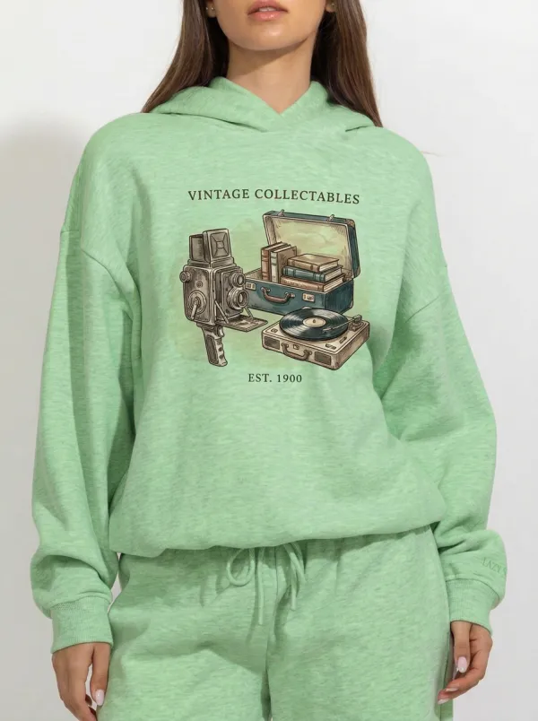 Women's Vintage Collector Camera Record Player Printed Hoodie