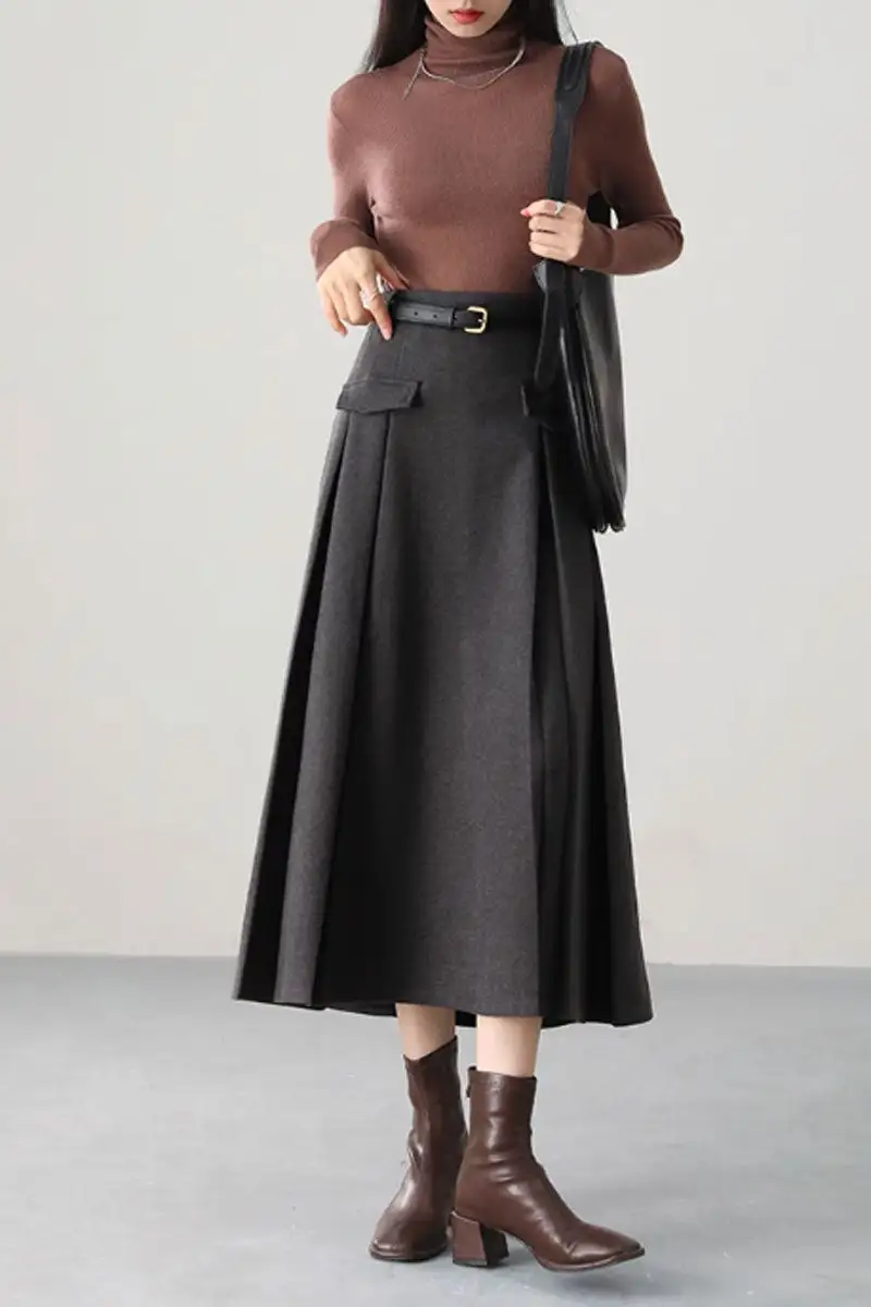 Artful Wool Blend A Line Pocketed Midi Skirt