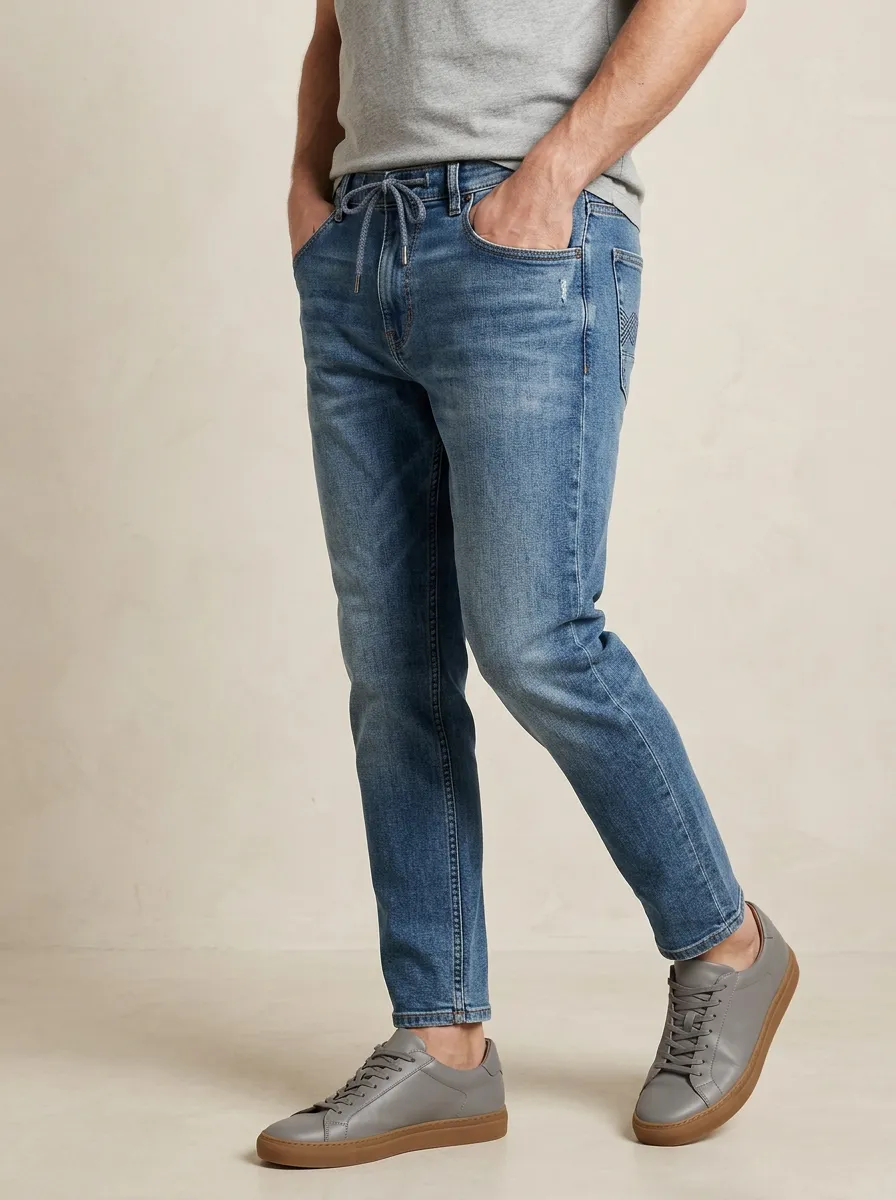 Men's Casual Drawstring Waist Distressed Stretch Jeans