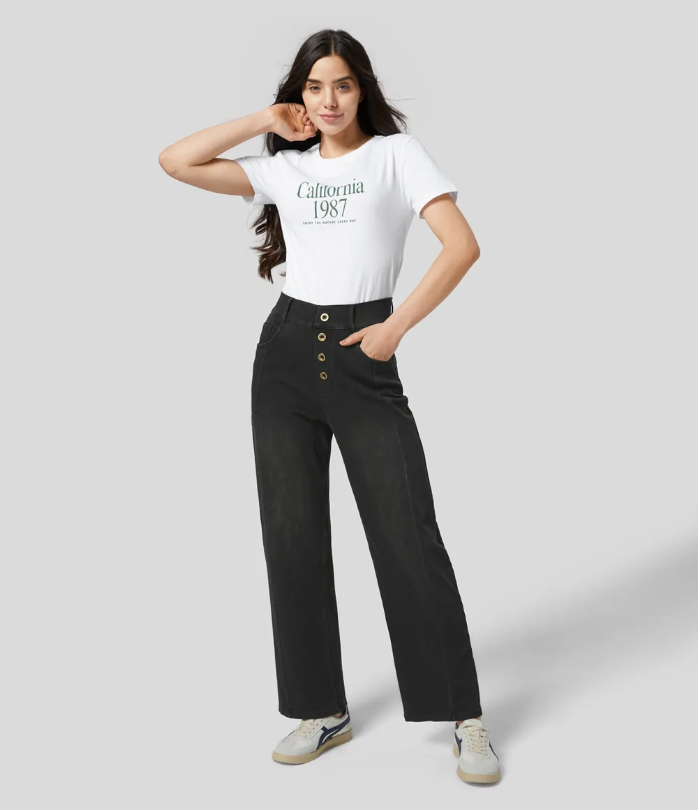 Magic High Waisted Decorative Button Multiple Pockets Straight Leg Stretchy Knit Casual Boyfriend Jeans