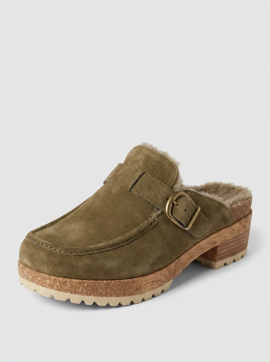Women's Trail Faux Fur Lined Buckle Detail Platform Suede Wood Sole Loafers