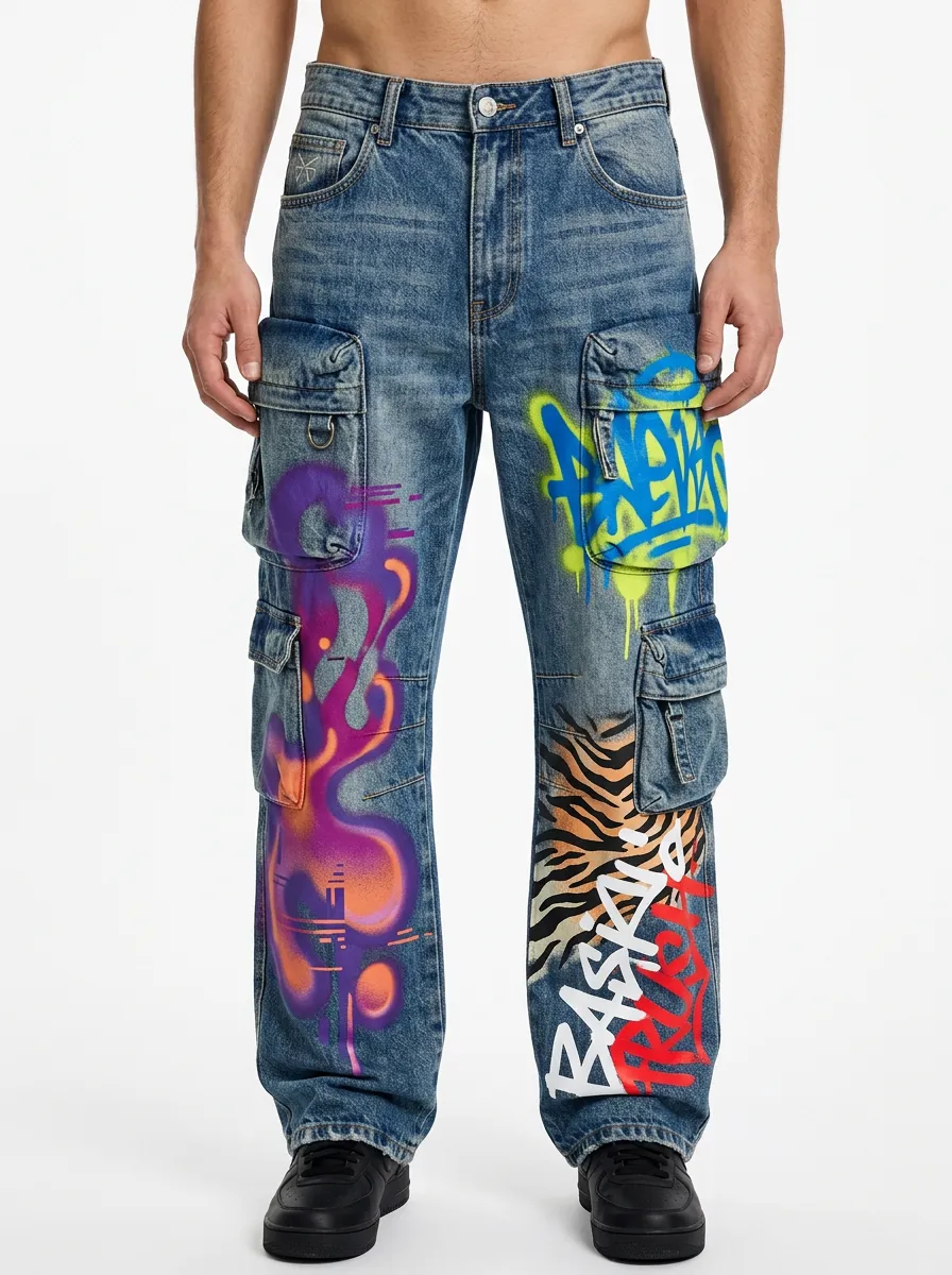Men's Streetwear Graffiti Tiger Print Graphic Cargo Jeans