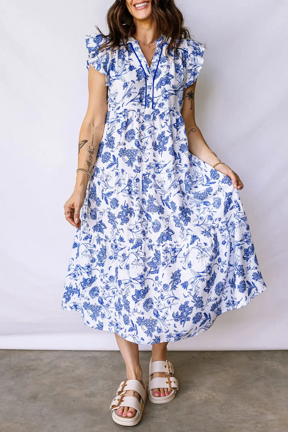 Polished Detail Floral Ruffle Tiered Midi Dress