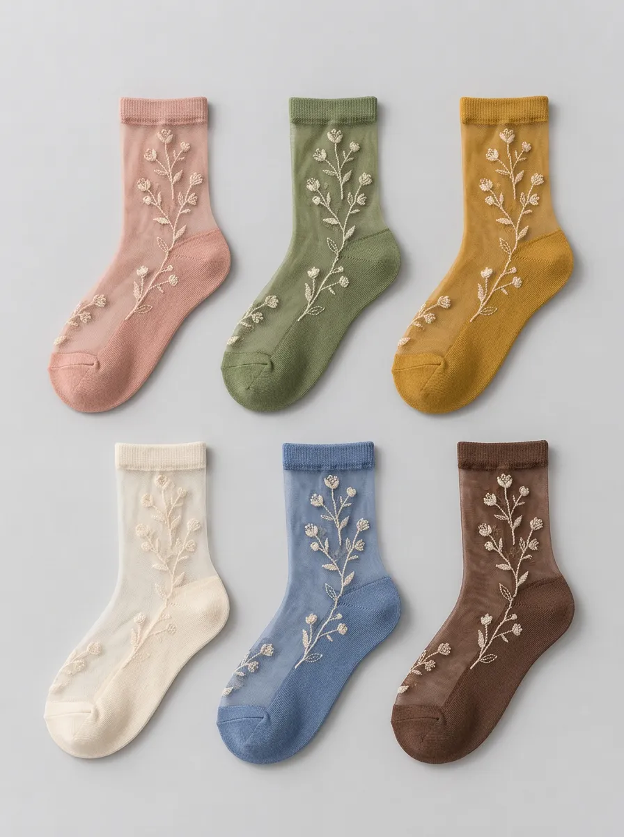 Women's Multicolor Floral Embroidered Sheer Crew Muted Tone Socks 6-Pack