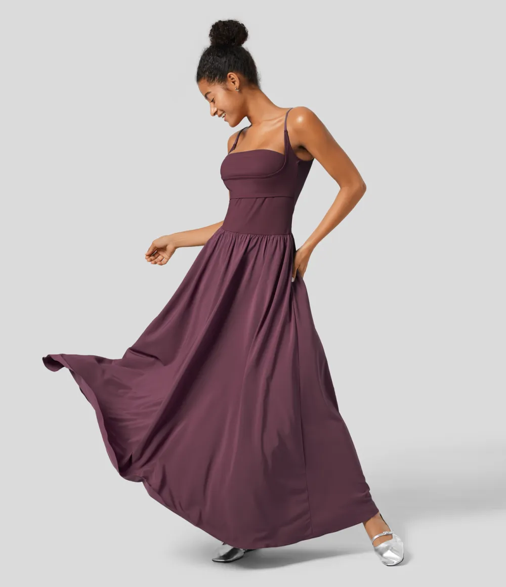 Breezeful Backless Side Pocket Plicated Flowy Flare Maxi Quick Dry Casual Slip Dress