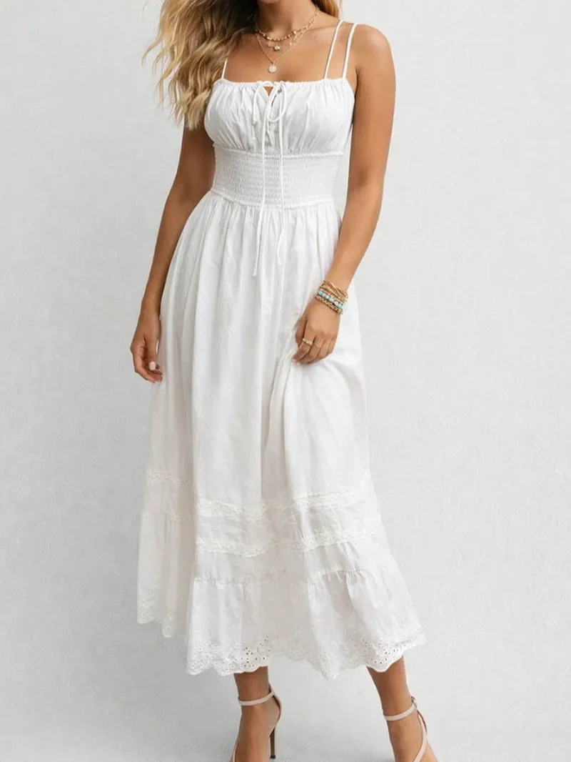 Square Neck Front Smocked Waist Midi Dress