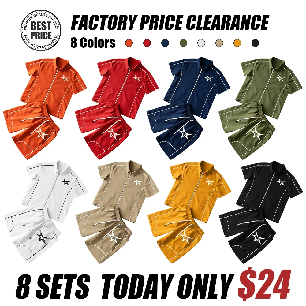 Stars Pattern Casual Set Short Sleeve Zipper Shirt + Gym Shorts Two-Piece Set, Breathable Comfort Spring Summer Daily Wear