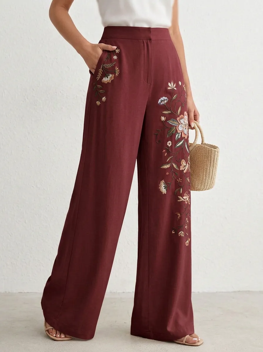 Women's Floral Botanical Embroidered High-Waisted Wide-Leg Pants