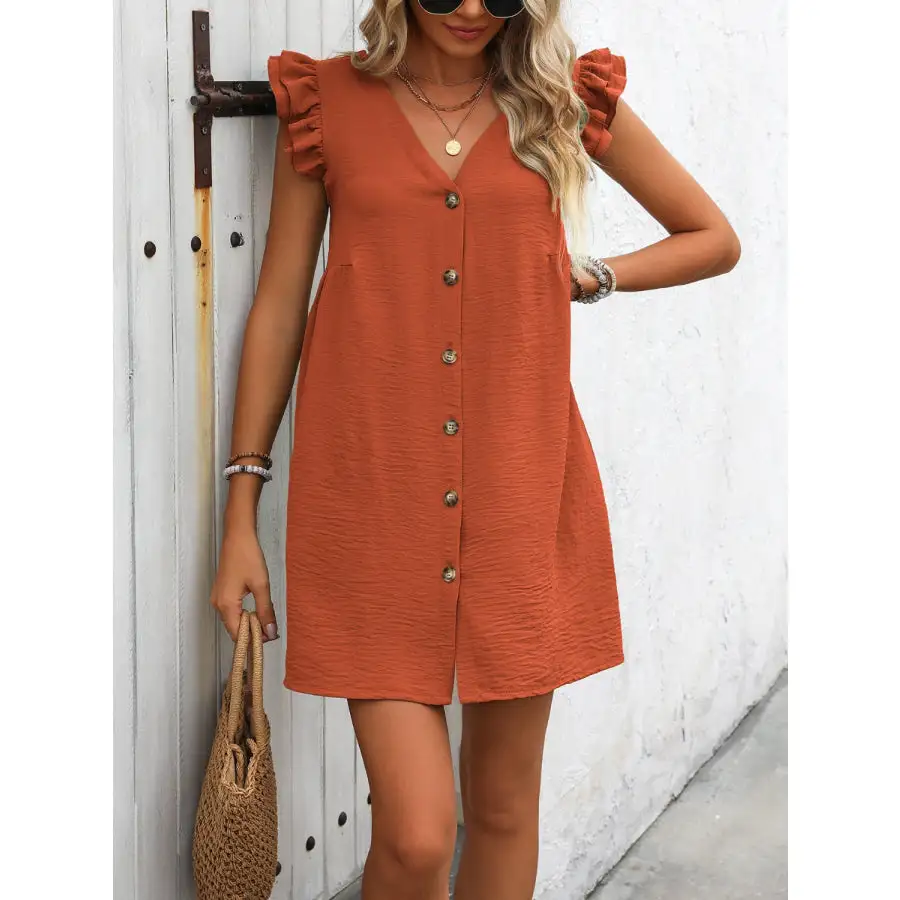 Button Up V-Neck Cap Sleeve Mini Dress