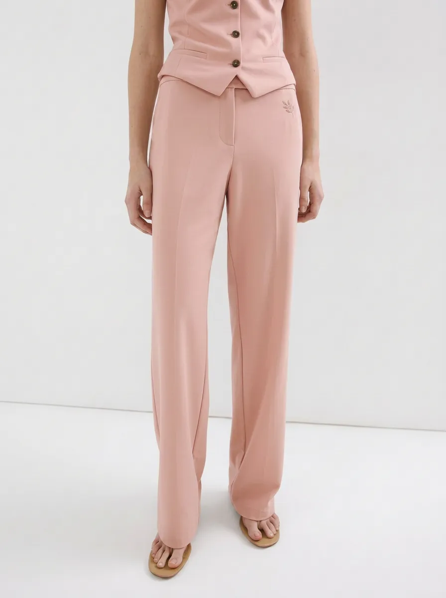 Women's Minimalist Beige Leaf Embroidered Mid-Rise Straight Leg Trousers