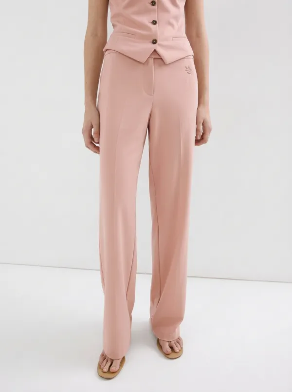 Women's Minimalist Beige Leaf Embroidered Mid-Rise Straight Leg Trousers