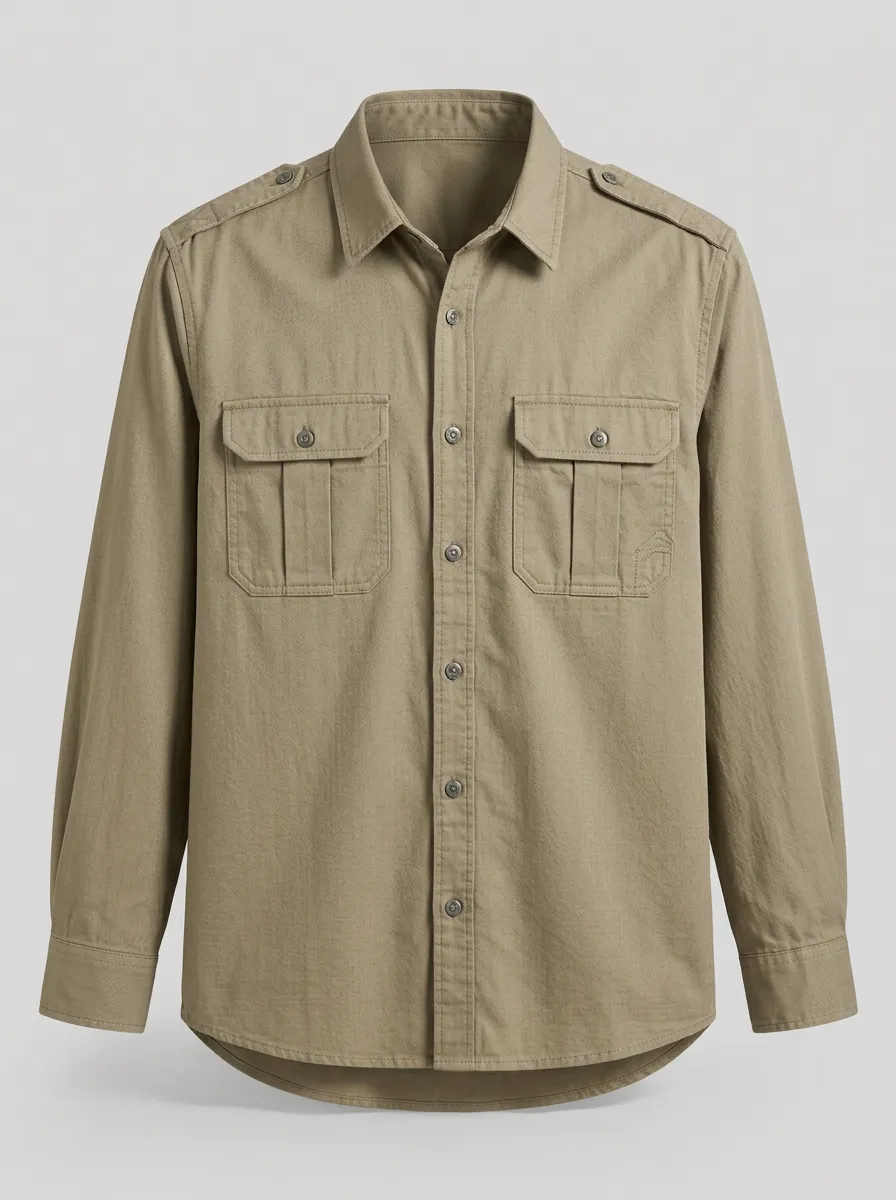 Men's Khaki Tactical Military Style Button Down Shirt