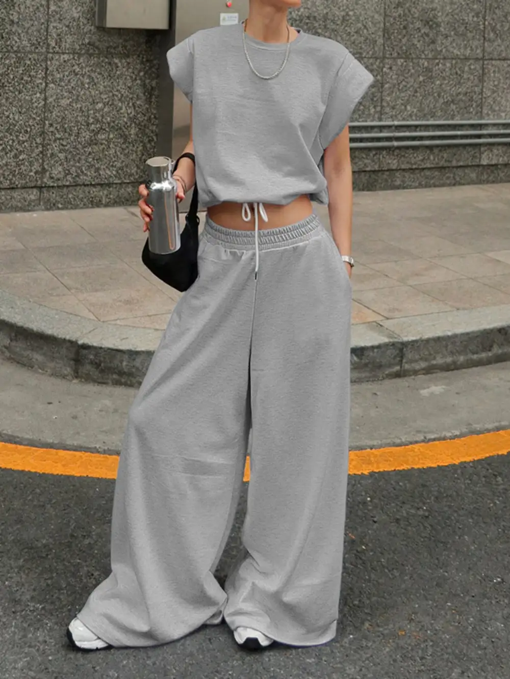 Round Neck Top And Wide Leg Pants Set