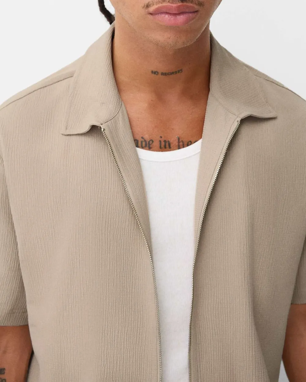 Zip Through Cotton Shirt In Khaki