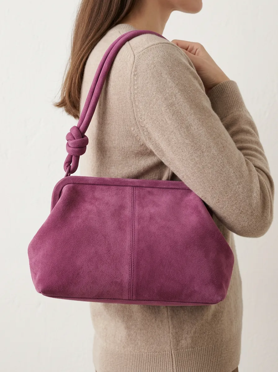 Women's Beige Knotted-Handle Suede-Look Shoulder Bag