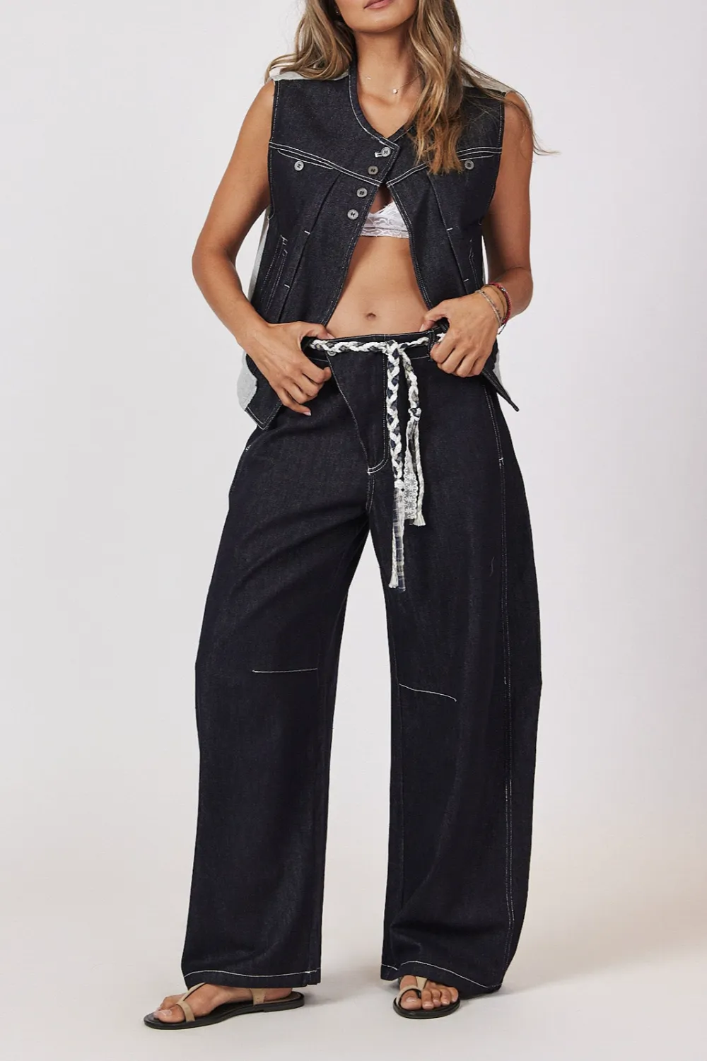 Stitch Detail Braided Belt Button Detail Jeans