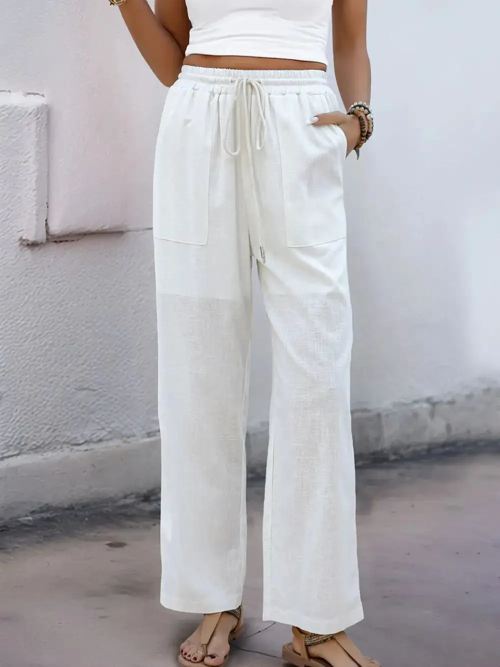 Drawstring Straight Leg Relaxed Fit Pocketed Pants