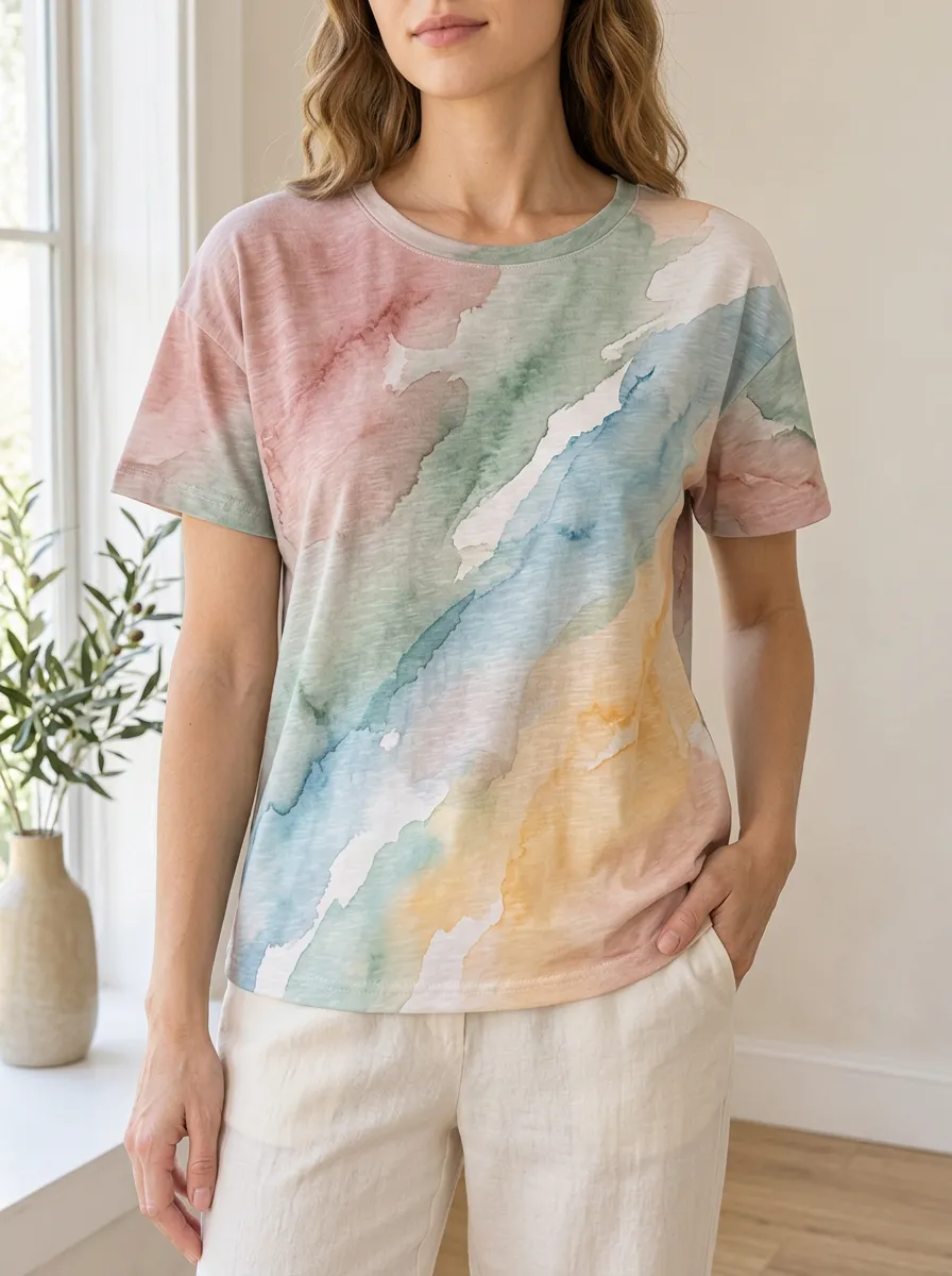 Women's Dynamic Pastel Watercolor Abstract Crew Neck T-Shirt