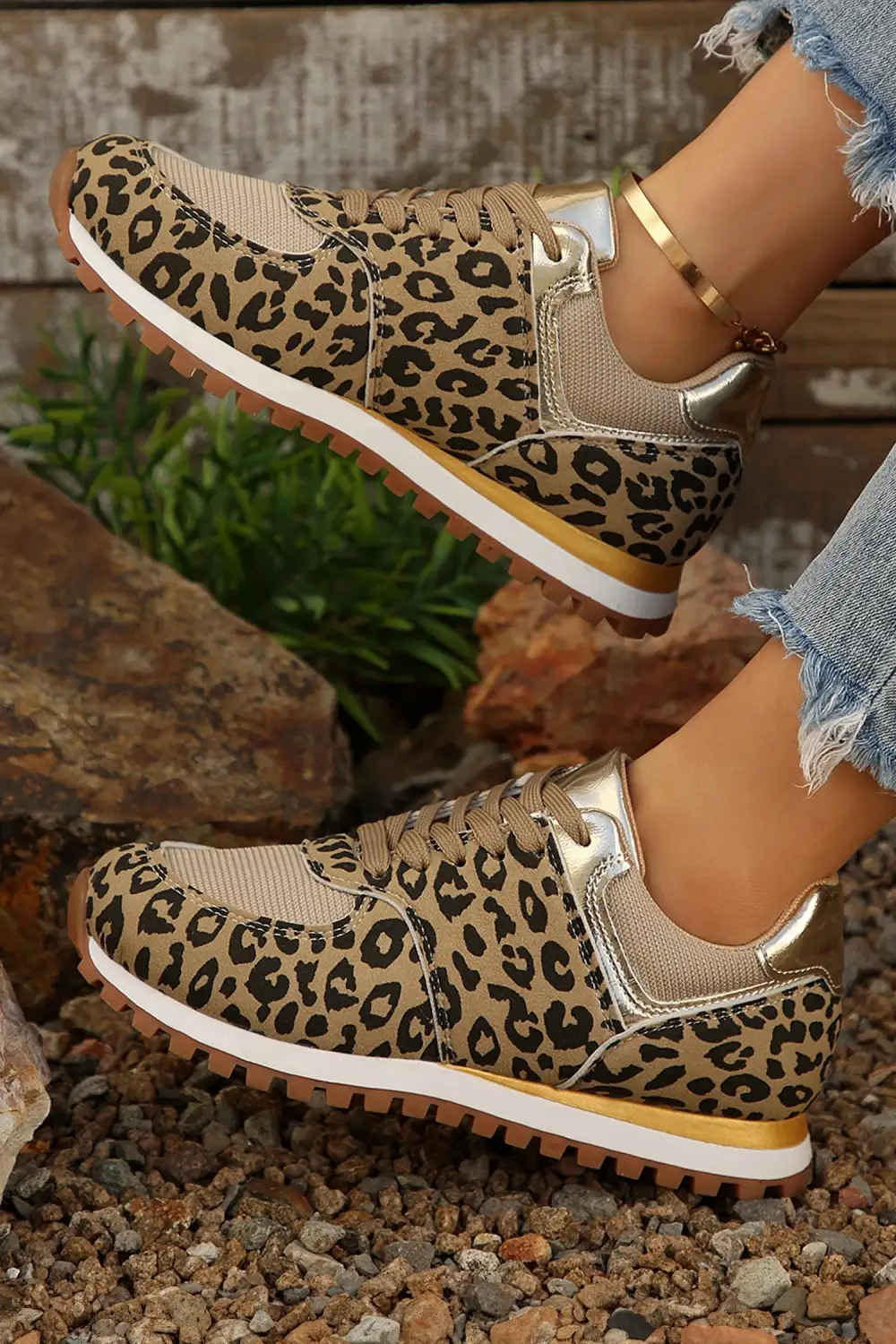 Textured Leopard Faux Suede Patchwork Lace-Up Casual Sneakers