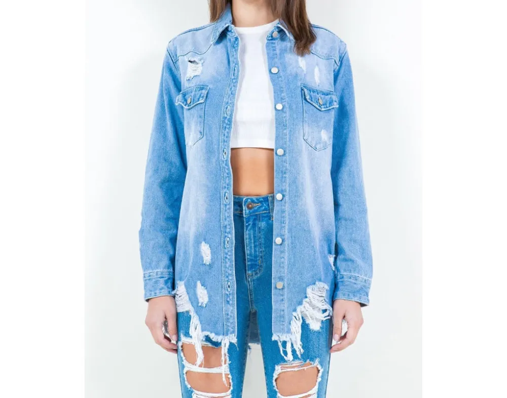 Frayed Hem Distressed Denim Shirt Jacket
