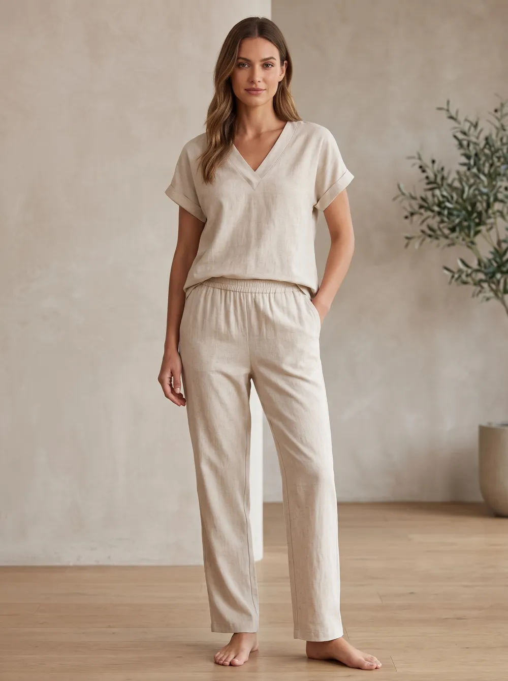 Relaxed V Neck Matching Pants Set