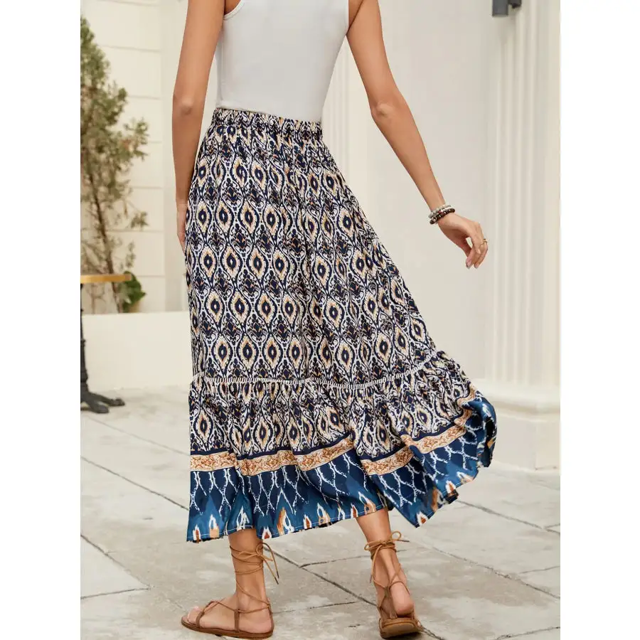 Bohemian Printed Ruched Maxi Skirt