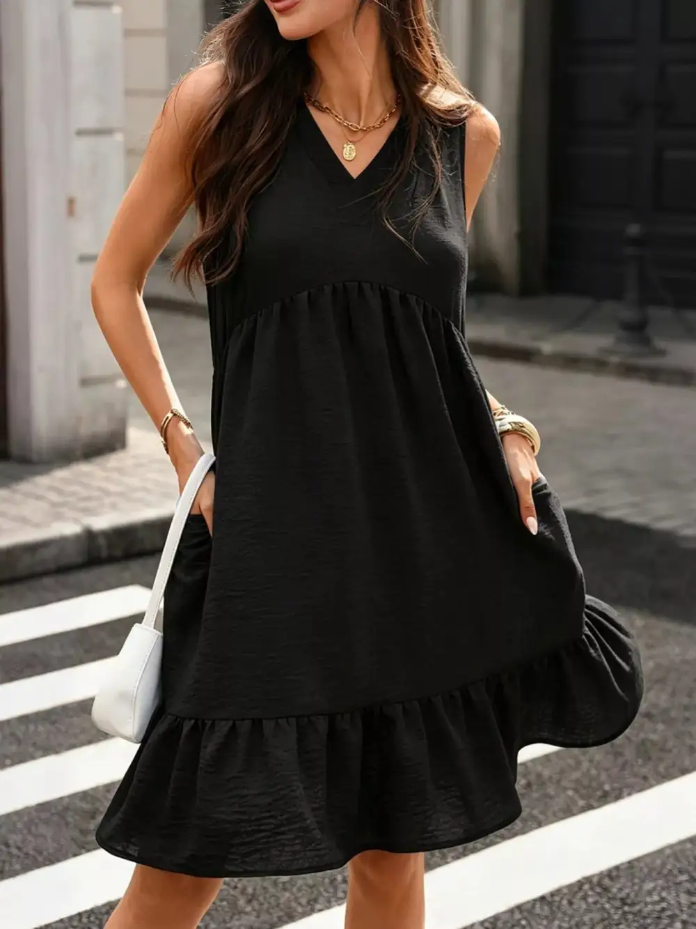 V Neck Ruffle Sleeveless Casual Dress