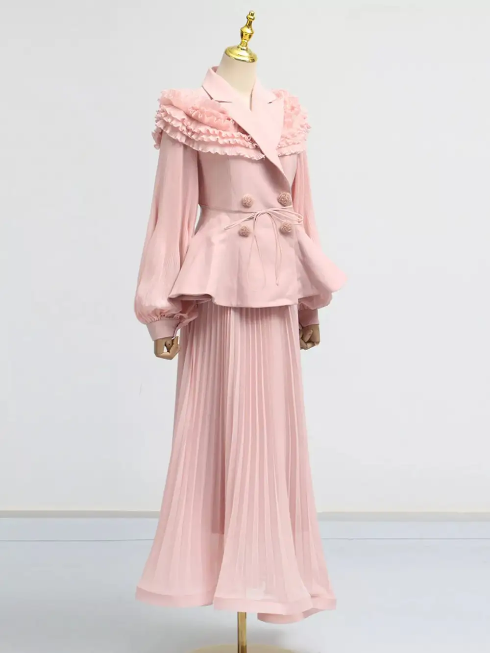 Frill Lapel Collar Top and Pleated Skirt Set