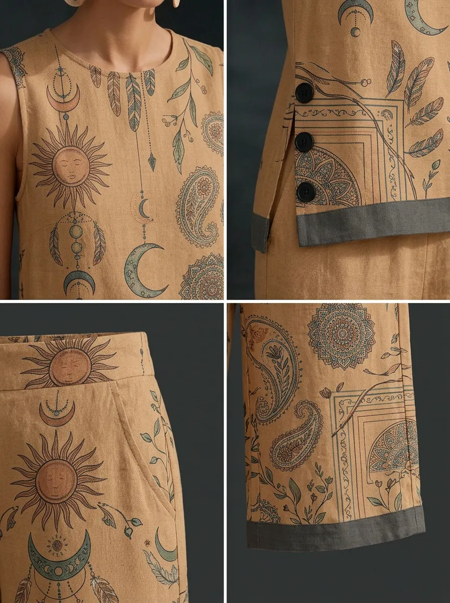 Women's Boho Celestial Sun Moon Paisley Printed Sleeveless Set