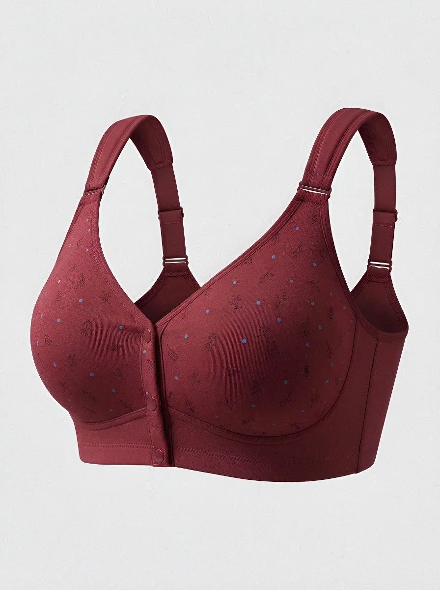 Women's Plus Size Blue Floral Dot Front-Closure Full-Coverage Wireless Bra