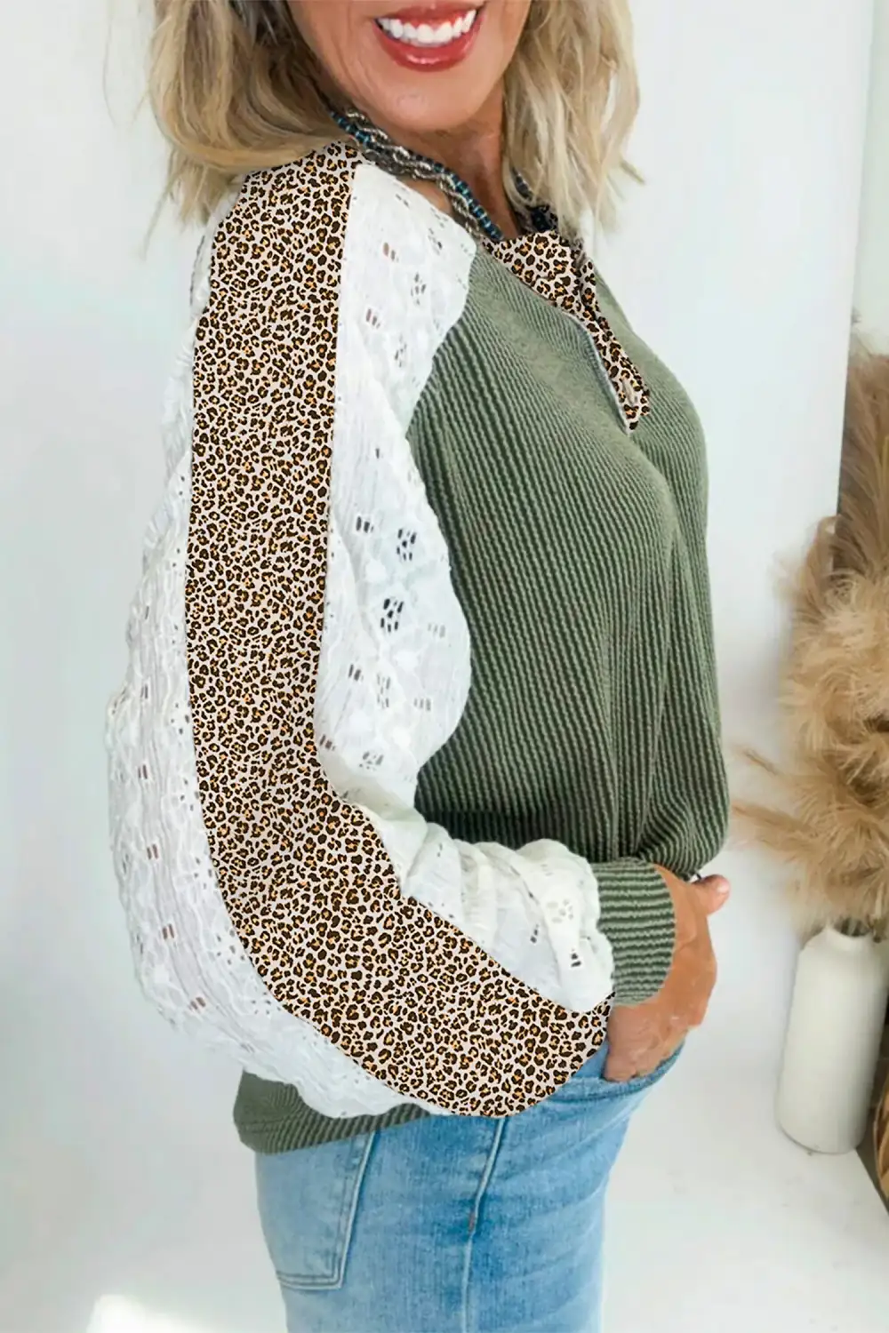 Women's Leopard Print Ribbed Lace Top
