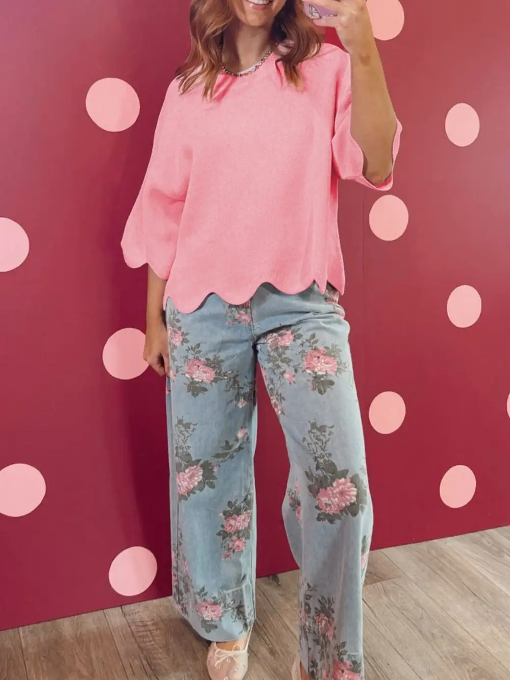 Scalloped Hem 3 4 Sleeve Sweater Top