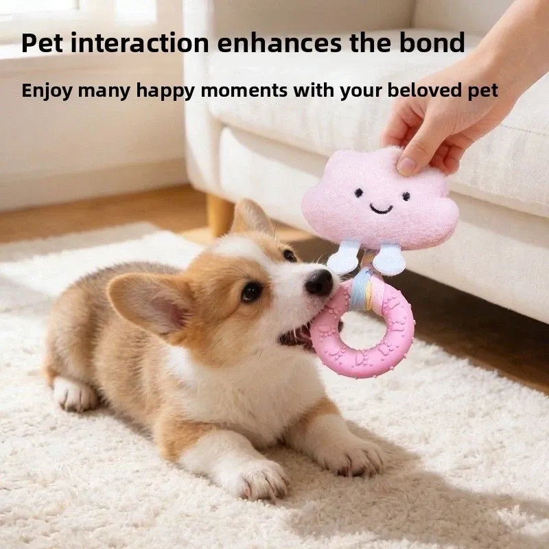 Squeaky Dog Teething Ring Toy Durable Rubber Chew Ring Plush Cartoon Puppy Molar Toy Interactive Bite Toy for Small Dogs Teddy Bichon