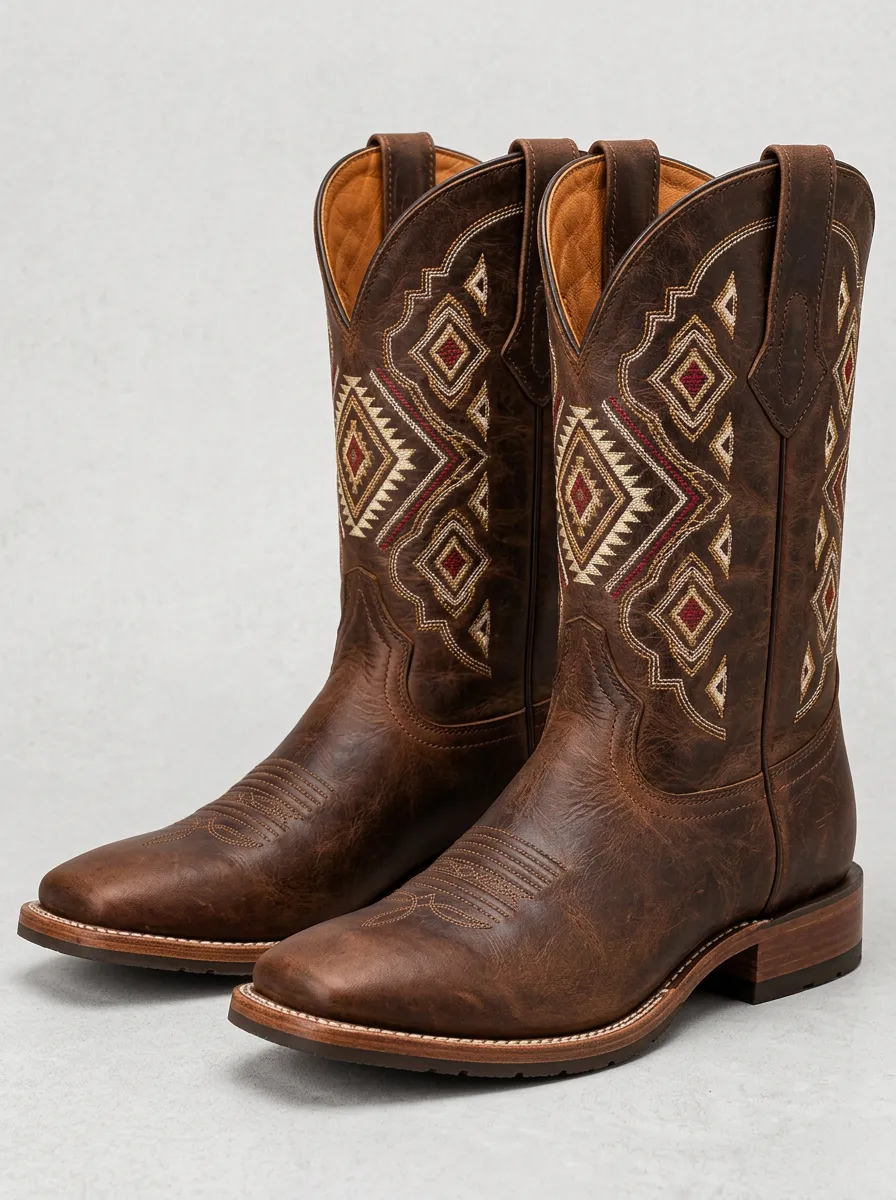 Men's Red Geometric Detail Cowboy Boots with Embroidered Detail